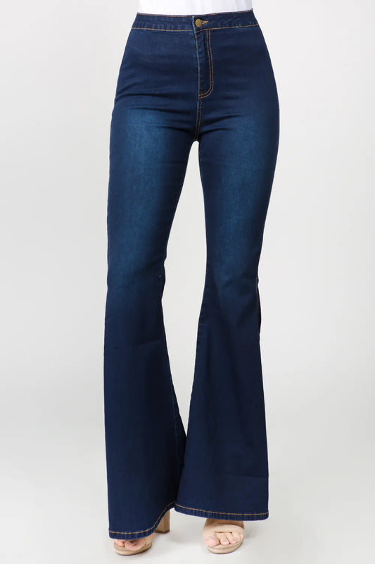 American Bazi Side Slit Flare Jeans DK Blue - Fashorio