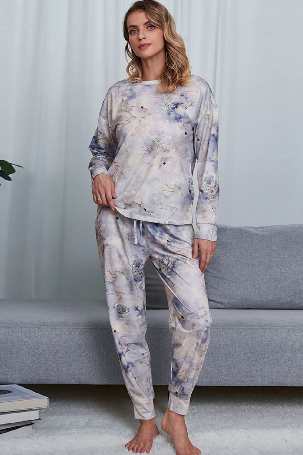 Shiny Tie-Dye Crewneck Top and Drawstring Waist Joggers Lounge Set Light Blue - Fashorio