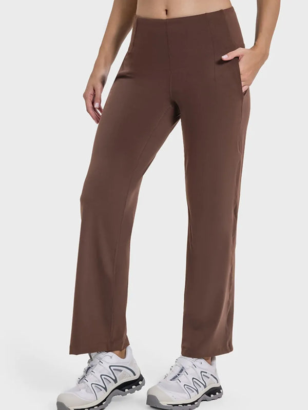 Millennia Pocketed High Waist Active Pants Brown - Fashorio