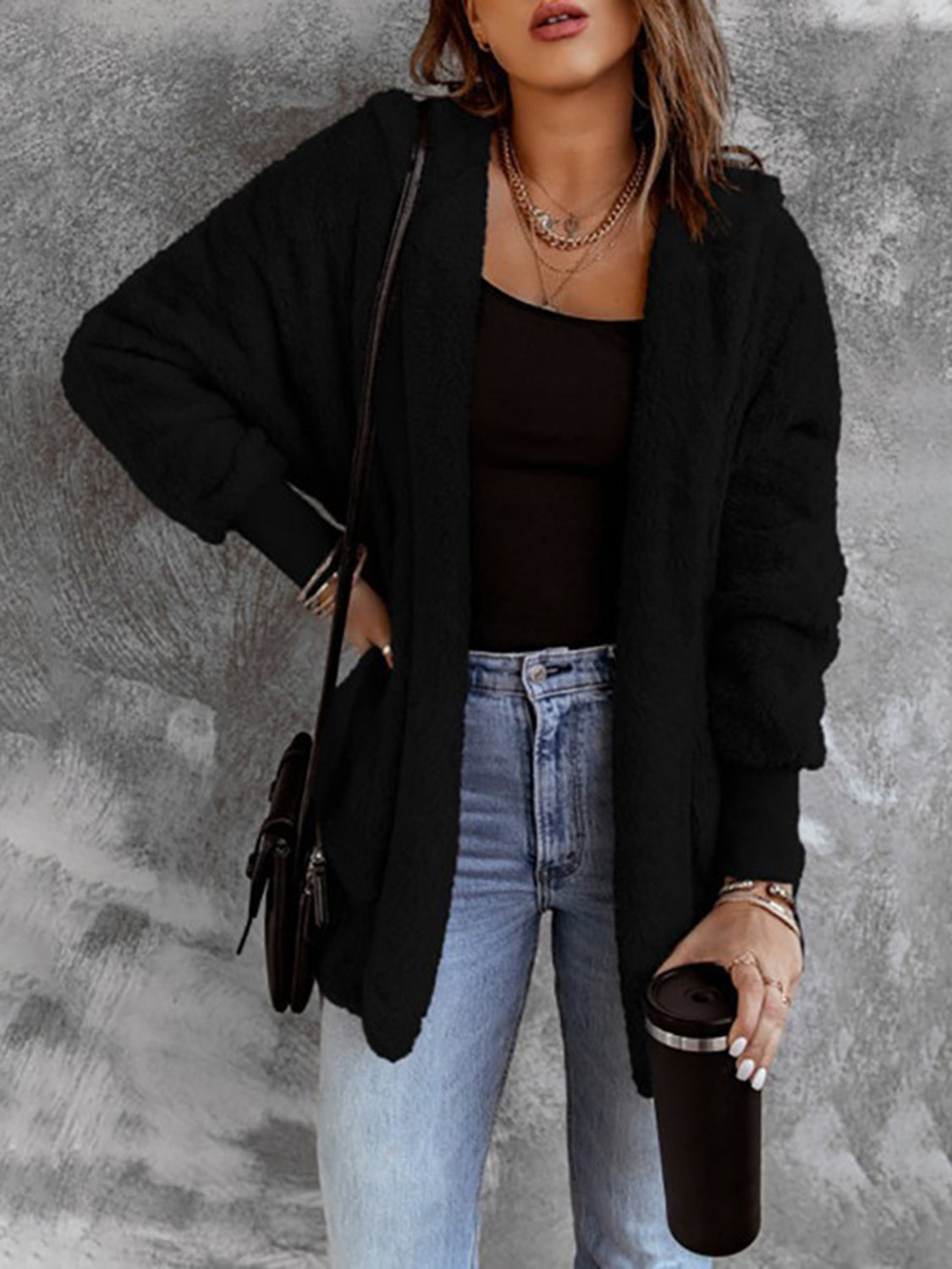 Open Front Hooded Faux Fur Outwear with Pockets Black - Fashorio