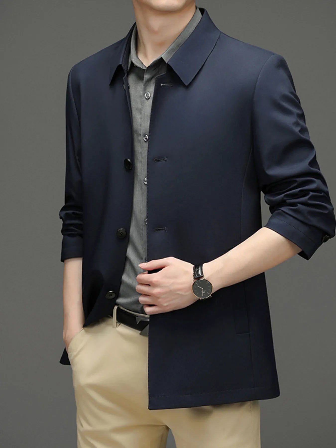Men's Button Up Long Sleeve Jacket Navy Blue - Fashorio