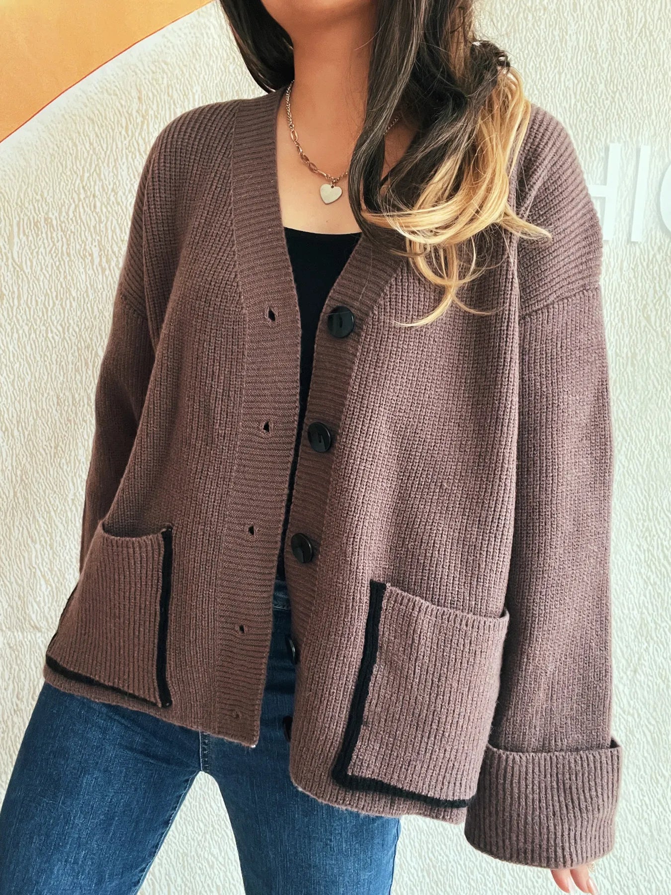 Button-Front Ribbed Cardigan with V-Neck - Fashorio