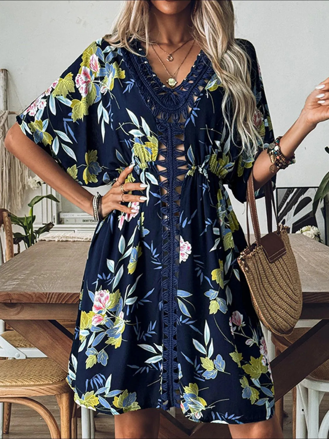 Crochet Front V-Neck Printed Cover-Up - Fashorio