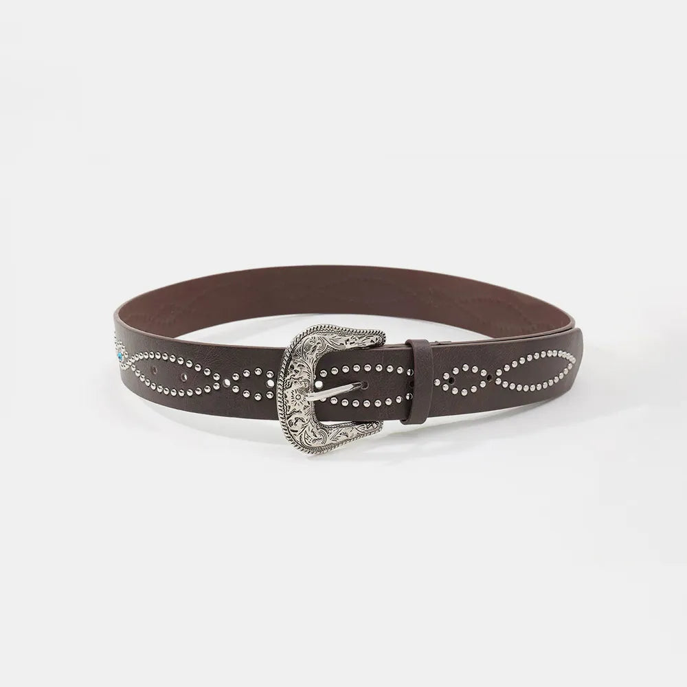 PU Leather Rhinestone Belt Coffee Brown - Fashorio