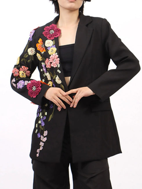 Pearl Detail Flower Lapel Collar Blazer - Fashorio