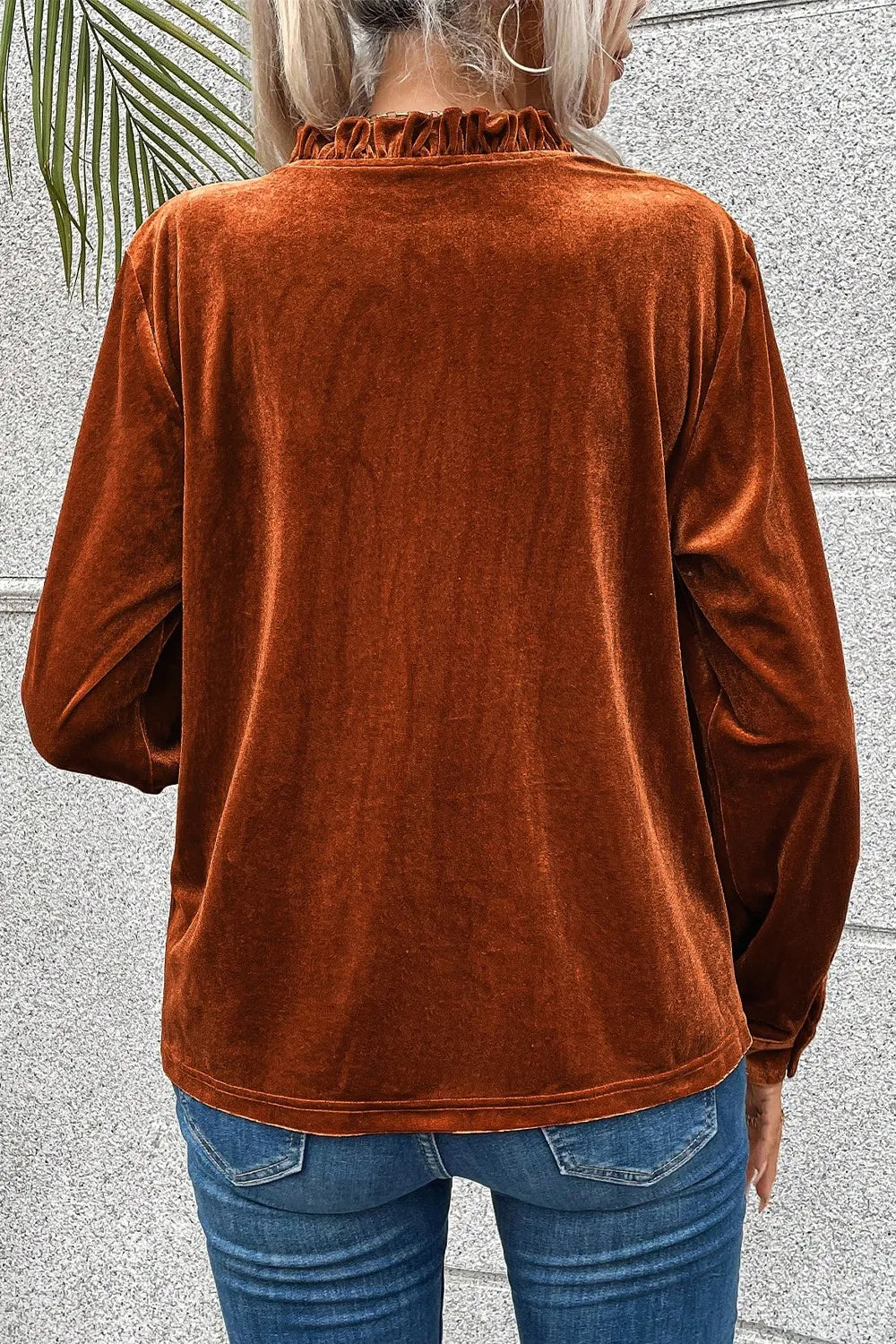 Notched Frill Detail Long Sleeve Blouse - Fashorio