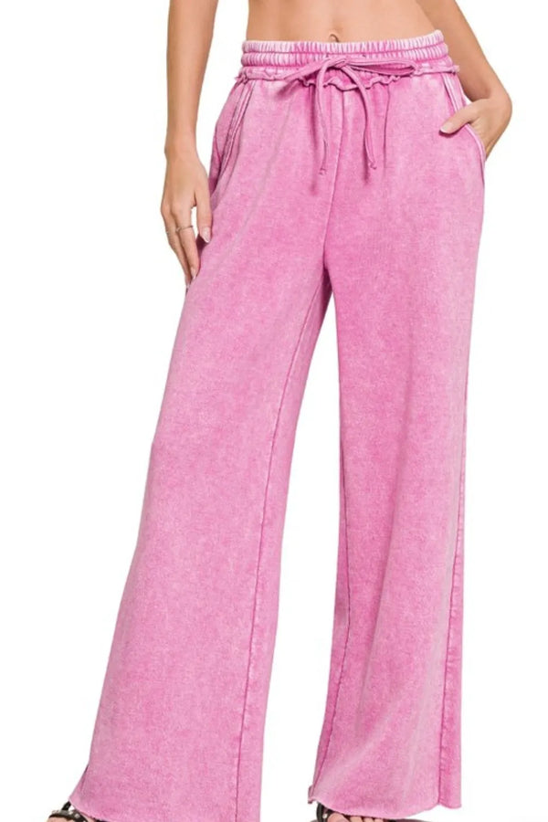Zenana Acid Wash Fleece Palazzo Sweatpants with Pockets MAUVE - Fashorio