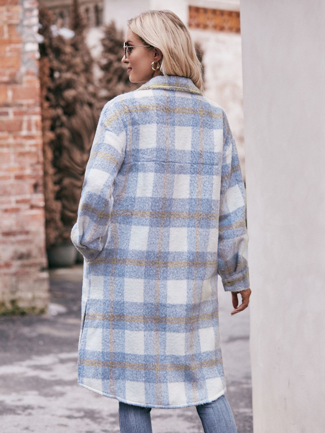 Mandy Plaid Dropped Shoulder Slit Coat - Fashorio