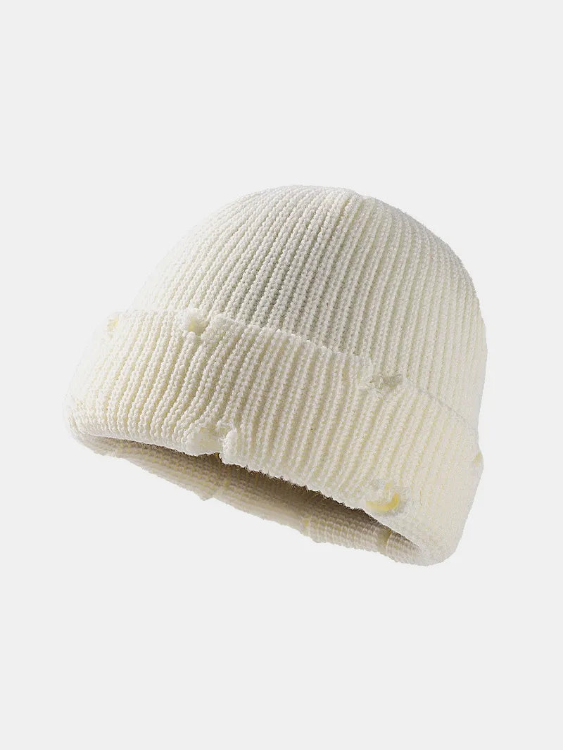 Distressed Cuffed Knit Hat White One Size - Fashorio