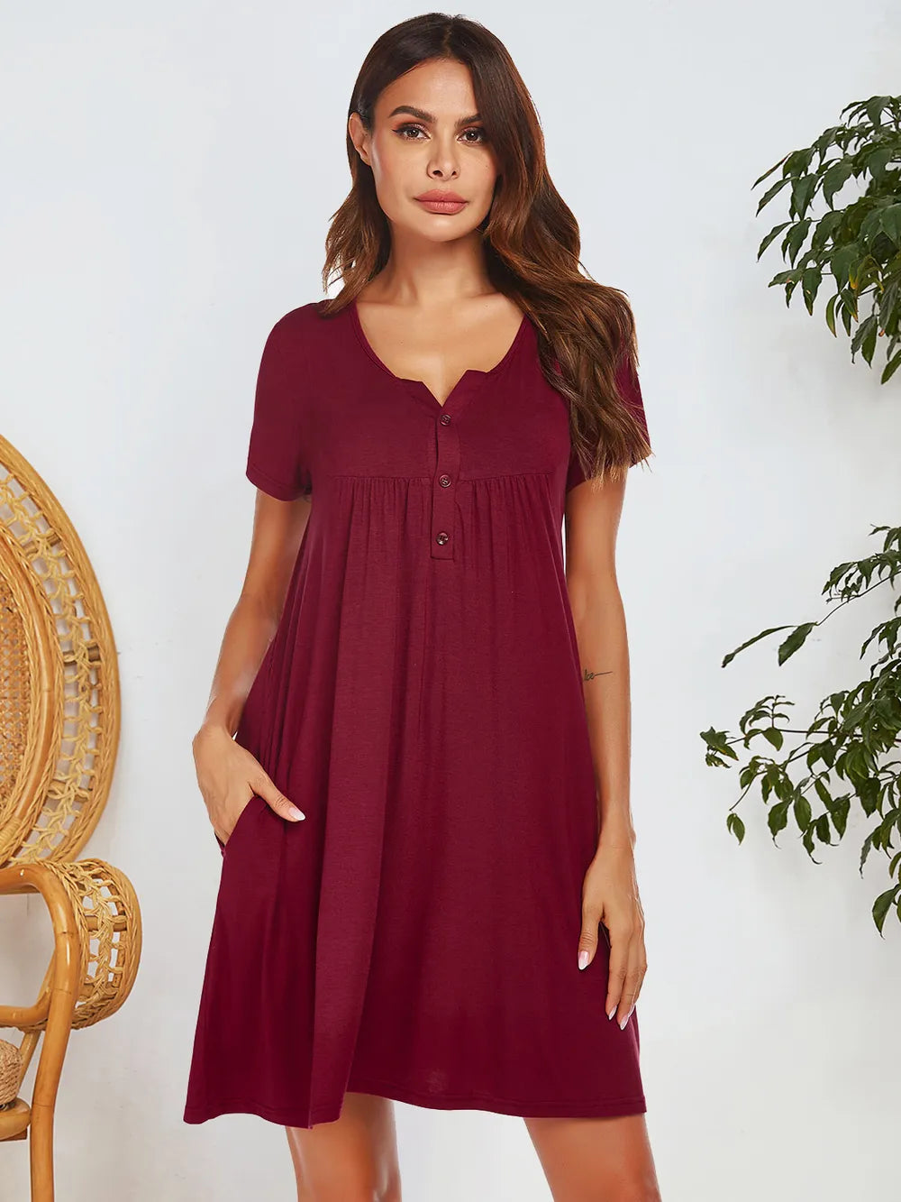 Notched Short Sleeve Mini Lounge Dress - Fashorio