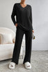 Ribbed V-Neck Top and Pants Lounge Set Black - Fashorio