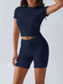 Round Neck Short Sleeve Top and Shorts Set Navy Blue - Fashorio