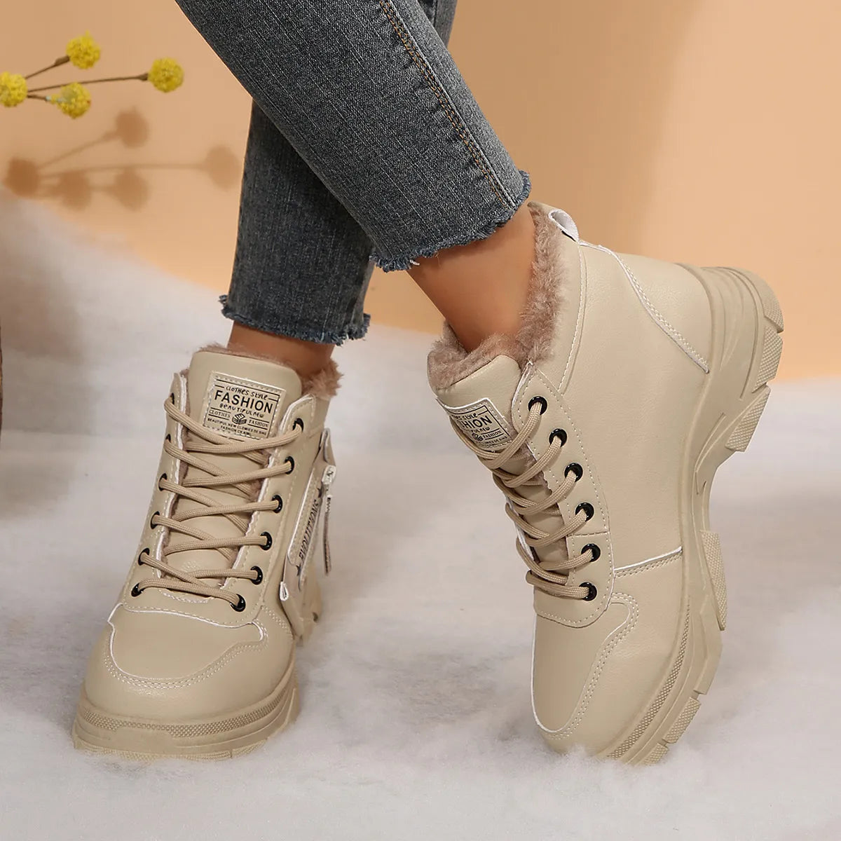 Premium Lace-Up Combat Boots with Fleece Line - Fashorio