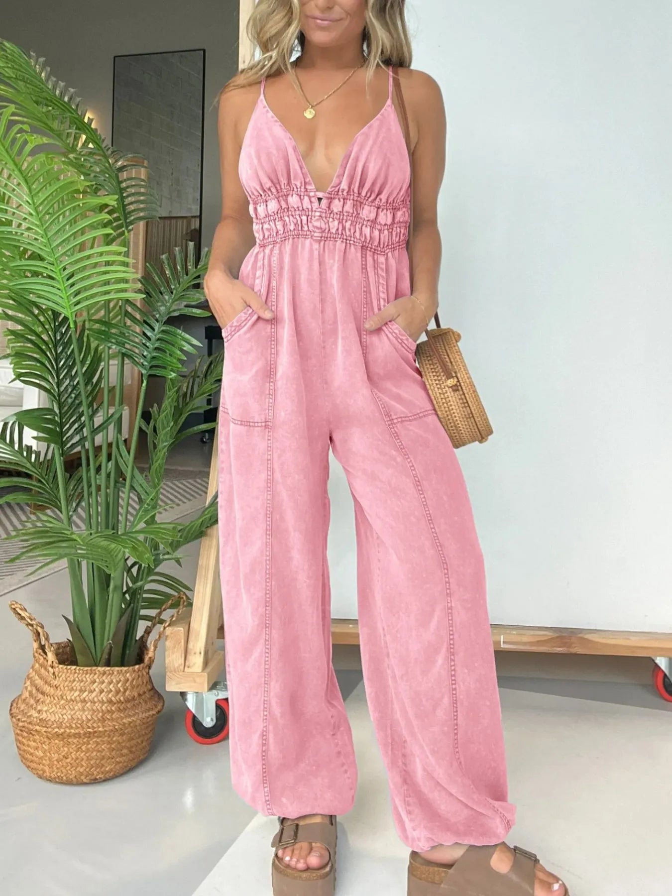 Full Size Wide Leg Spaghetti Strap Jumpsuit Plus Size Pink - Fashorio