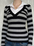 Contrast Collar Striped Long Sleeve Knit Top - Fashorio
