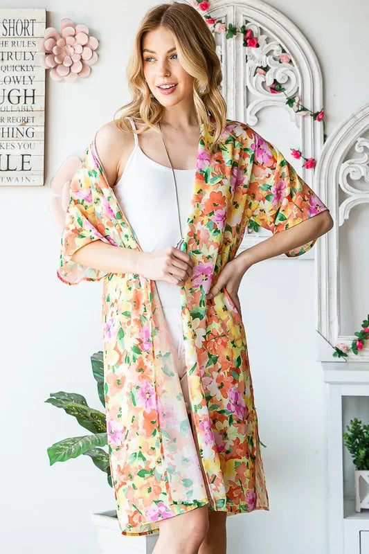 Heimish Full Size Half Sleeve Multi Color Floral Open Cardigan Plus Size - Fashorio