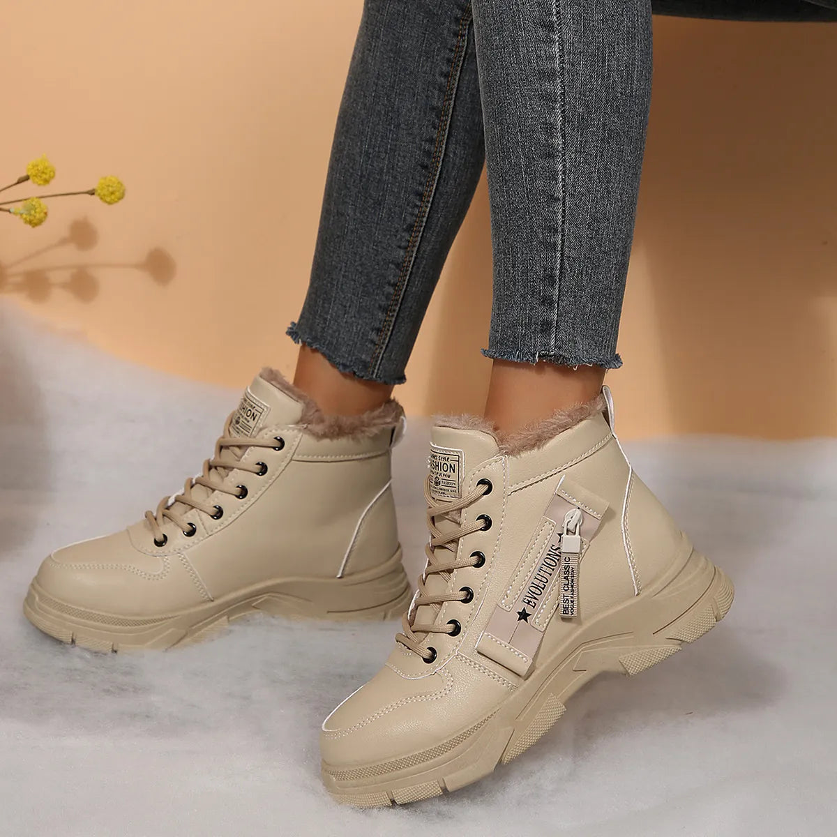 Premium Lace-Up Combat Boots with Fleece Line Khaki - Fashorio