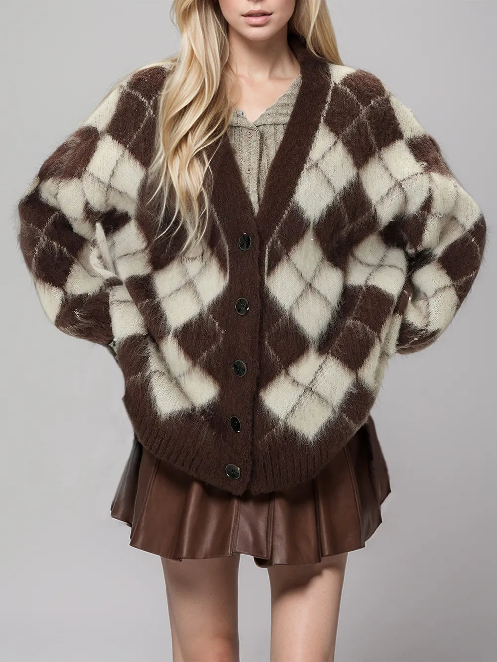 Plaid V-Neck Button Up Cardigan - Fashorio