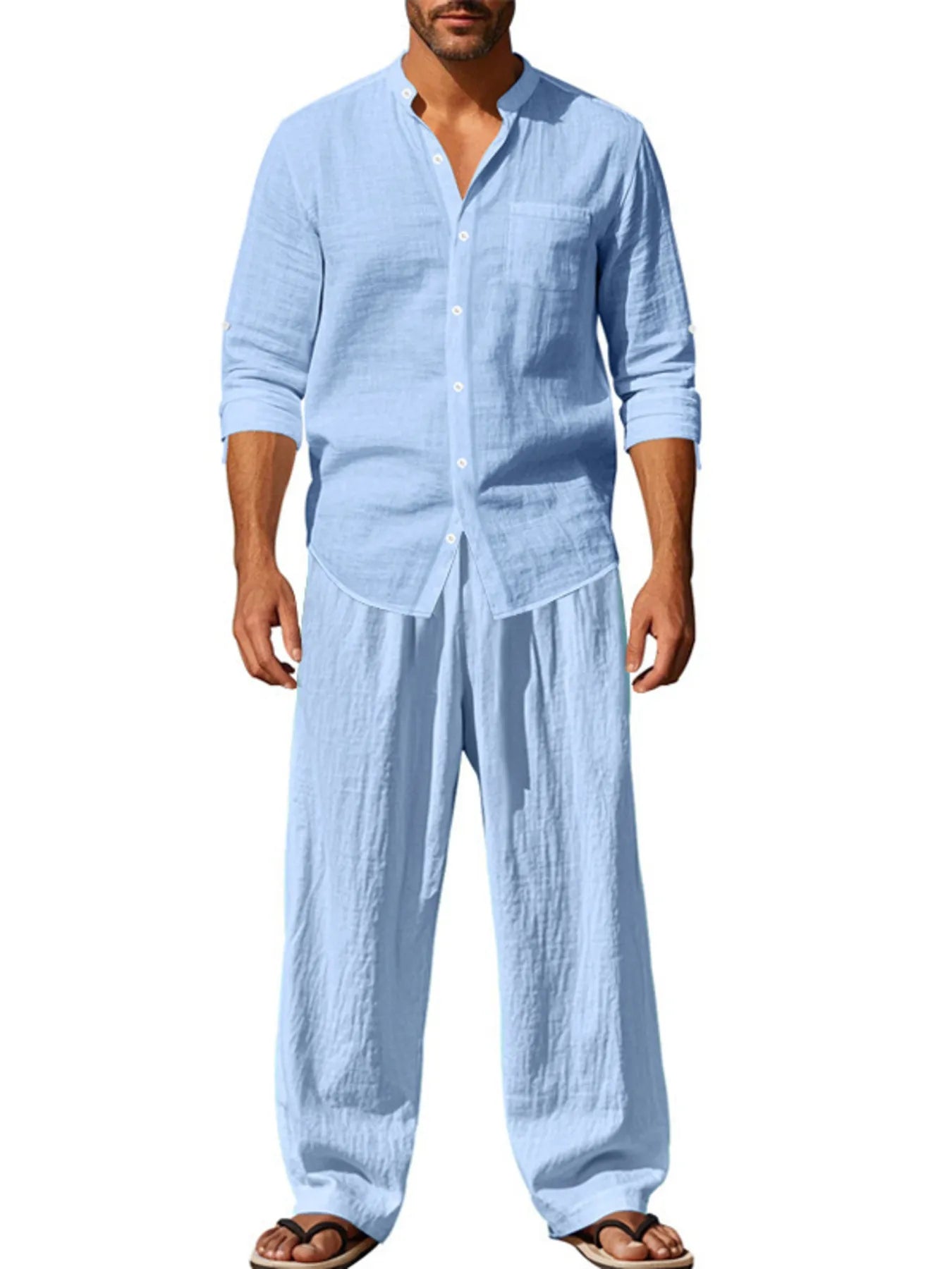 Men's Full Size Button Up Shirt and Pants Set Plus Size Light Blue - Fashorio