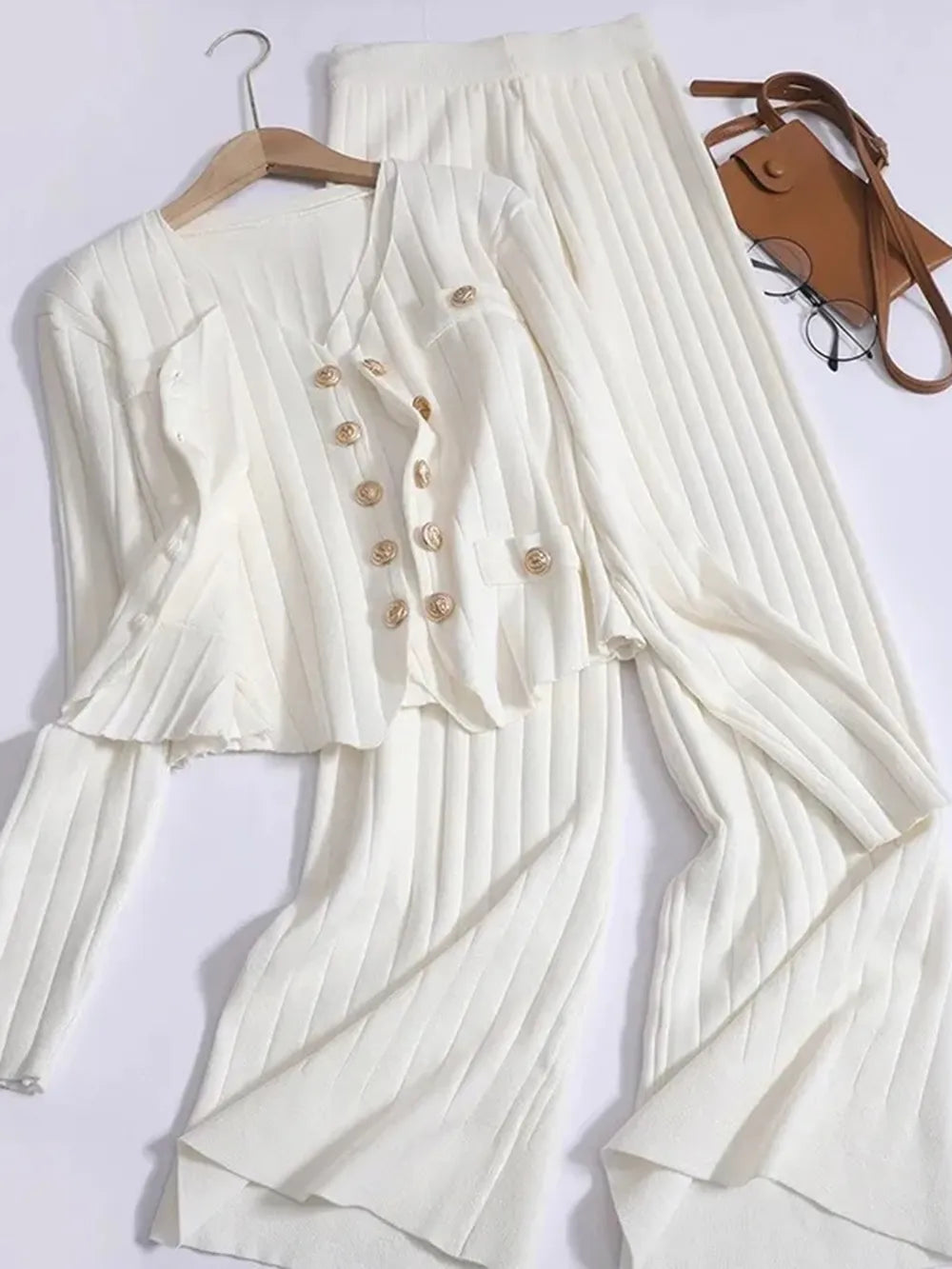 V-Neck Tank, Cardigan and Pants Three-Piece Sweater Set - Fashorio