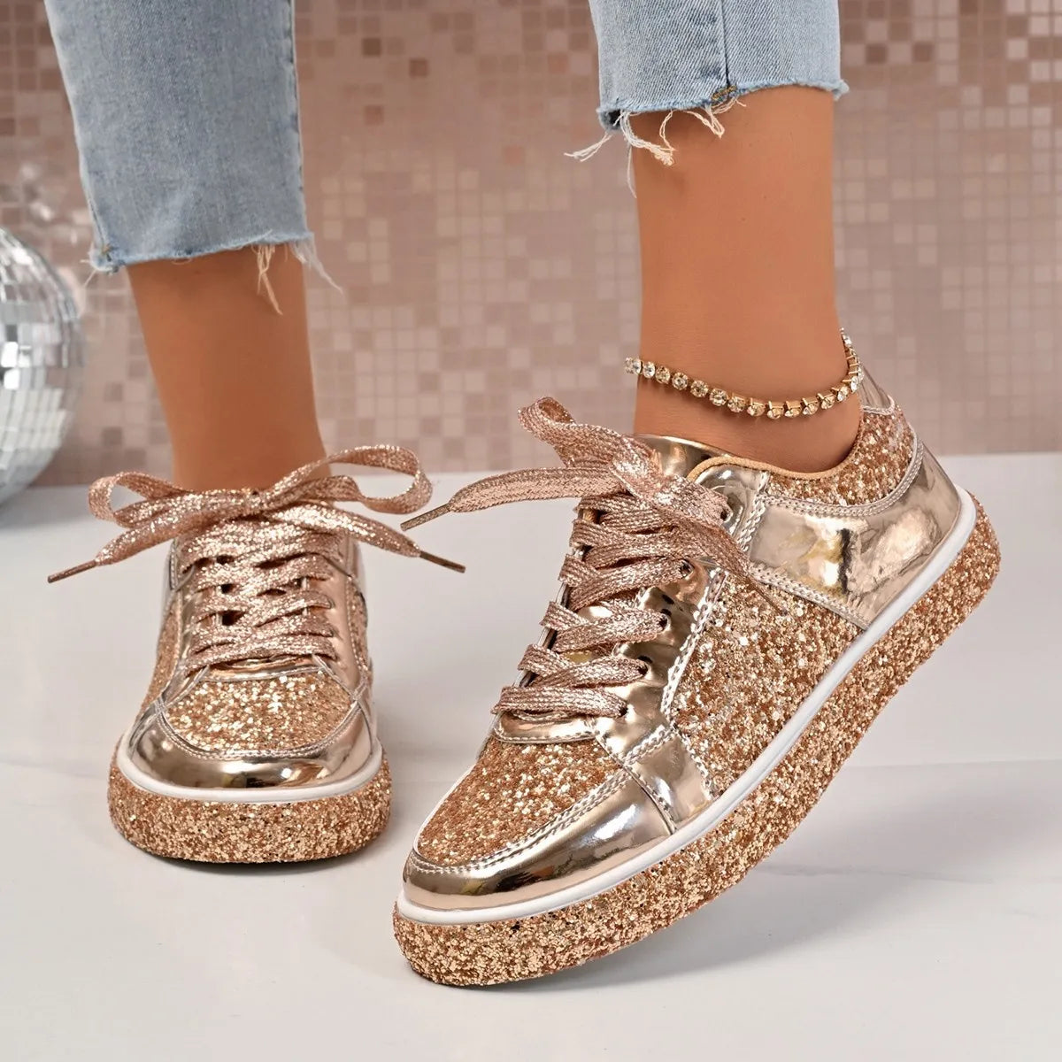 Round Toe Lace Up Sneakers Gold - Fashorio