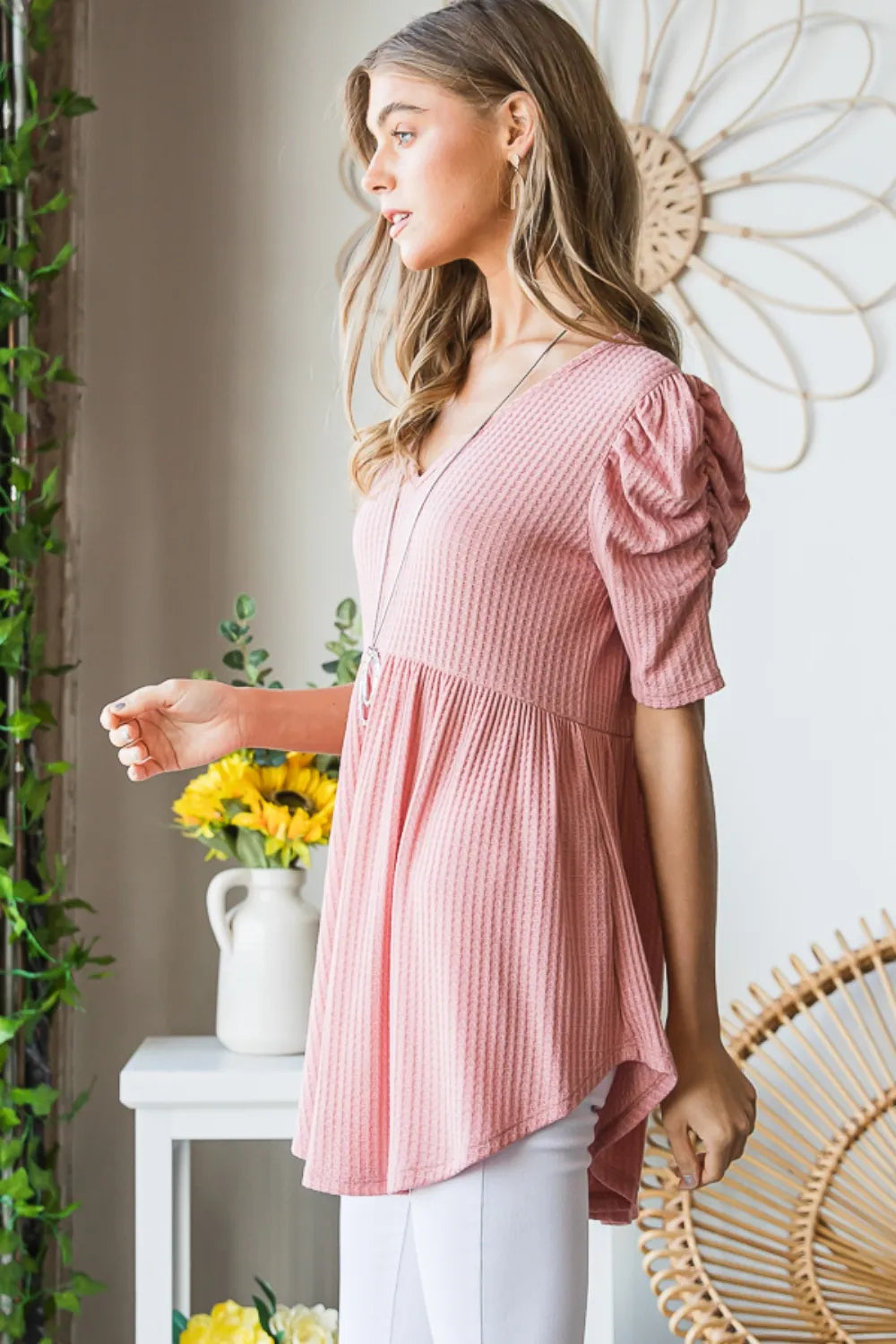 Heimish Full Size Waffle Knit V-Neck Babydoll Top - Fashorio
