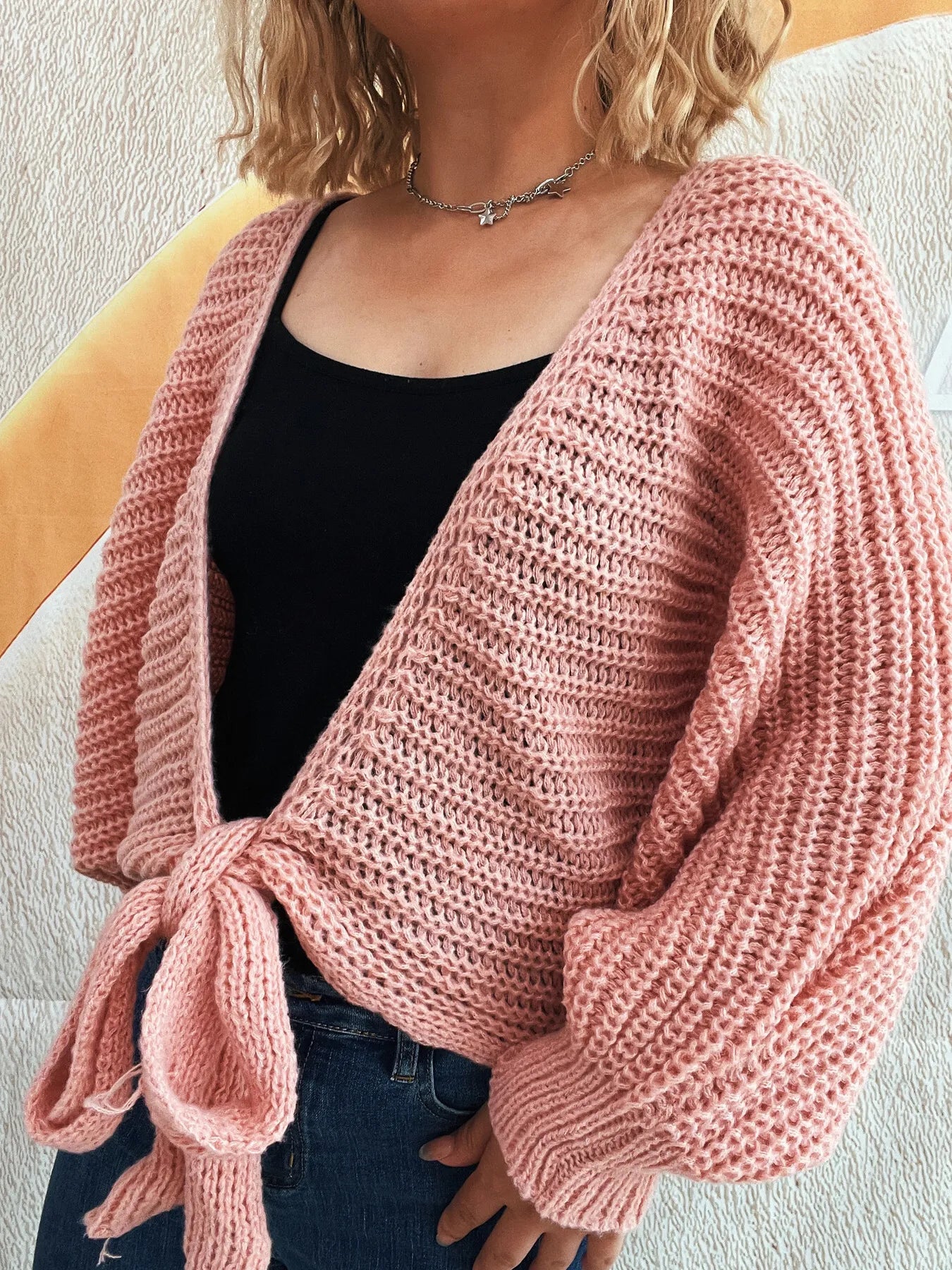 Tie Front Long Sleeve Cardigan - Fashorio