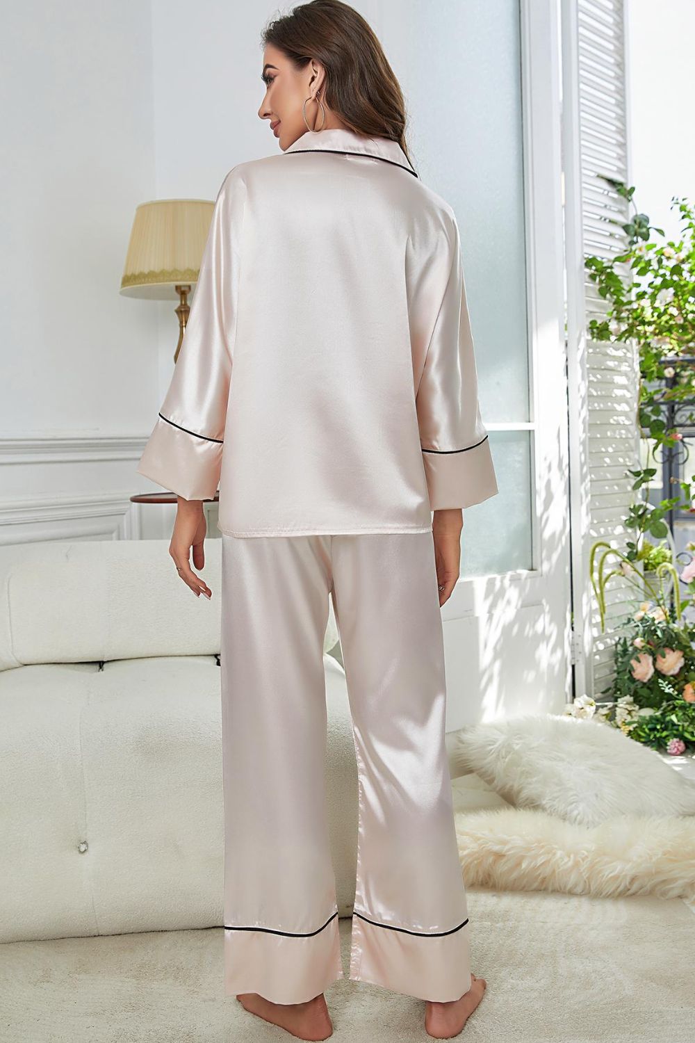Contrast Piping Button-Up Top and Pants Pajama Set - Fashorio