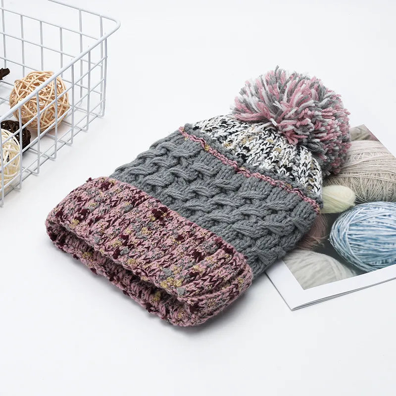 Contrast Thermal Hat with Pompom Gray One Size - Fashorio