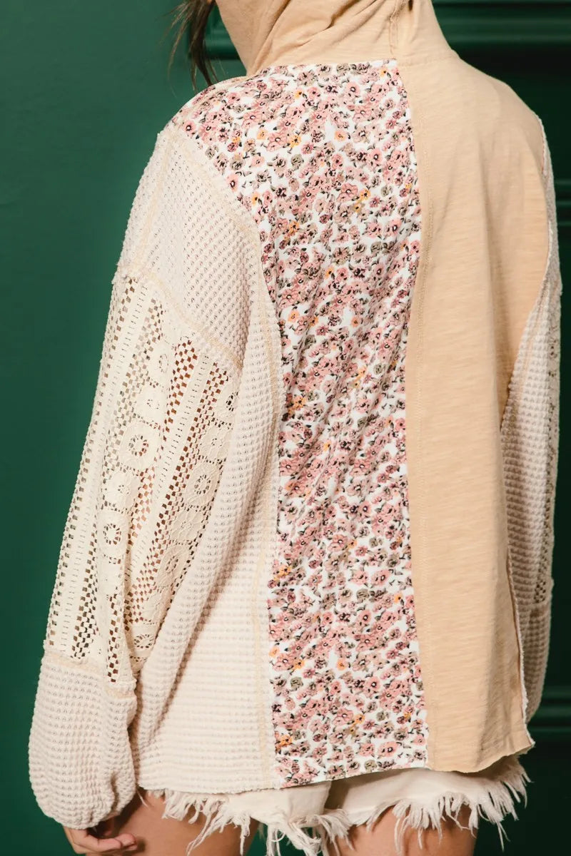 BiBi Slub Jersey with Lace Combo Buttoned Hoodie Top - Fashorio