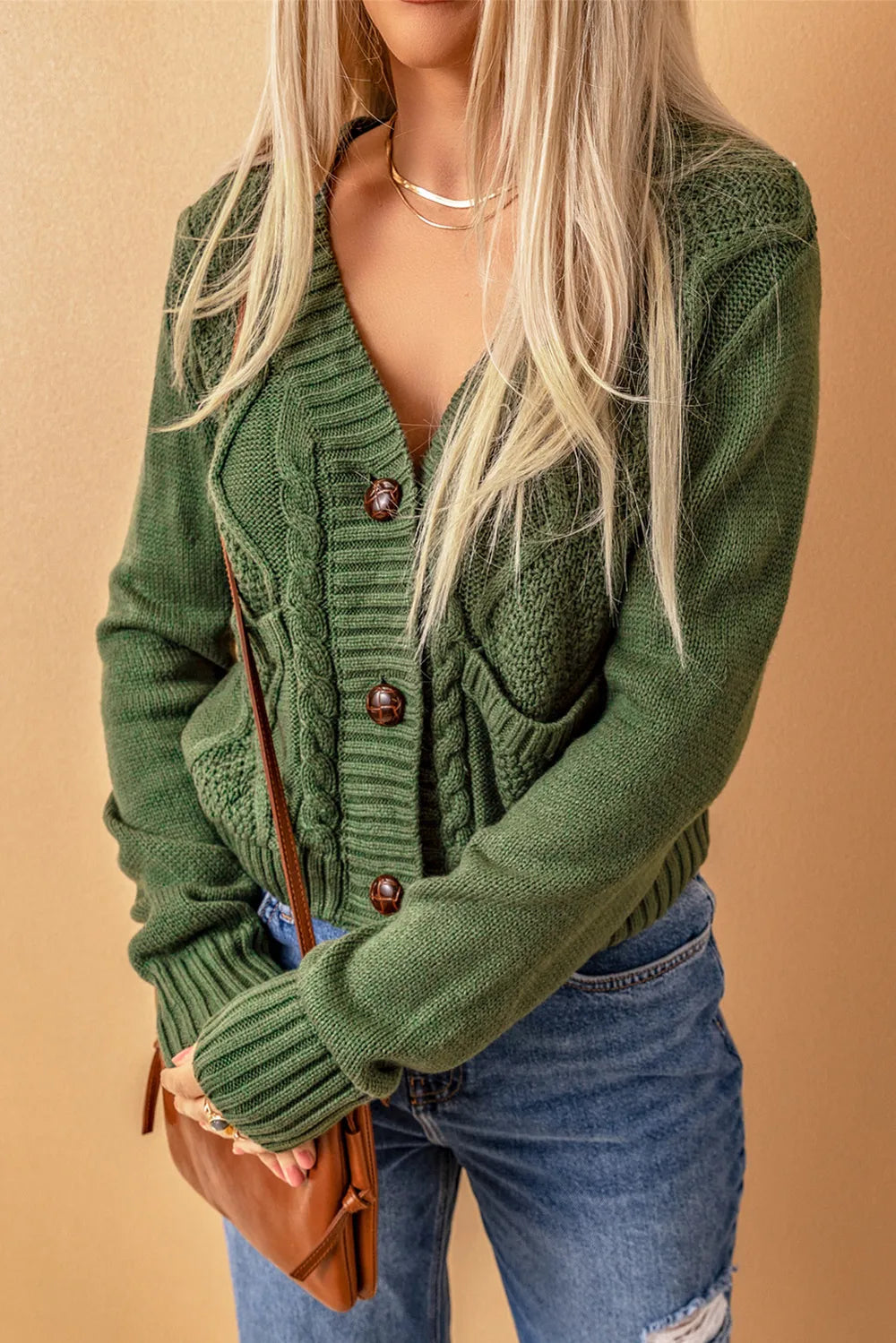 Cable-Knit Button Down V-Neck Cardigan - Fashorio