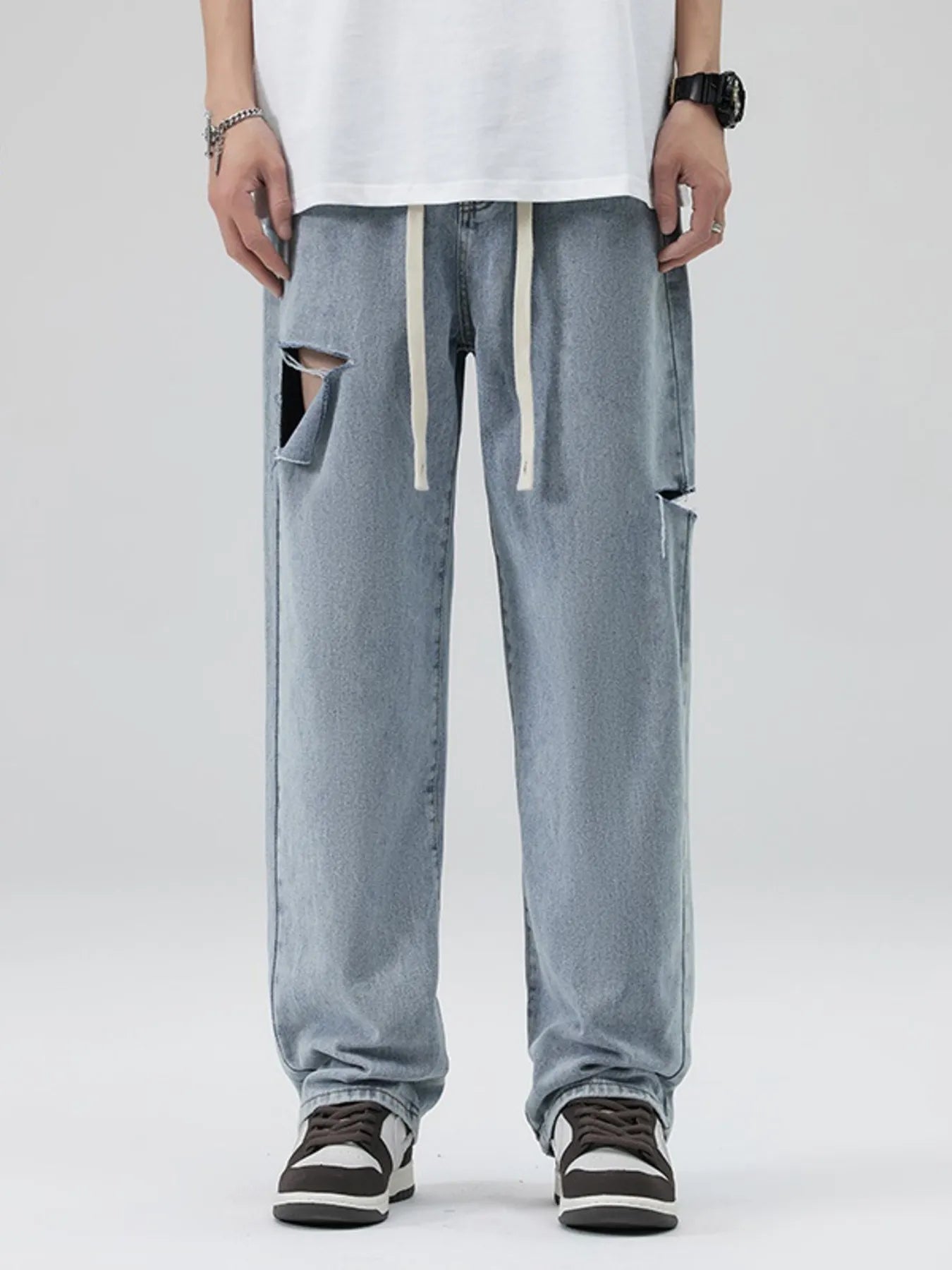 Men's Full Size Distressed Relaxed Fit Jeans with Ripped Details Plus Size Light Blue - Fashorio