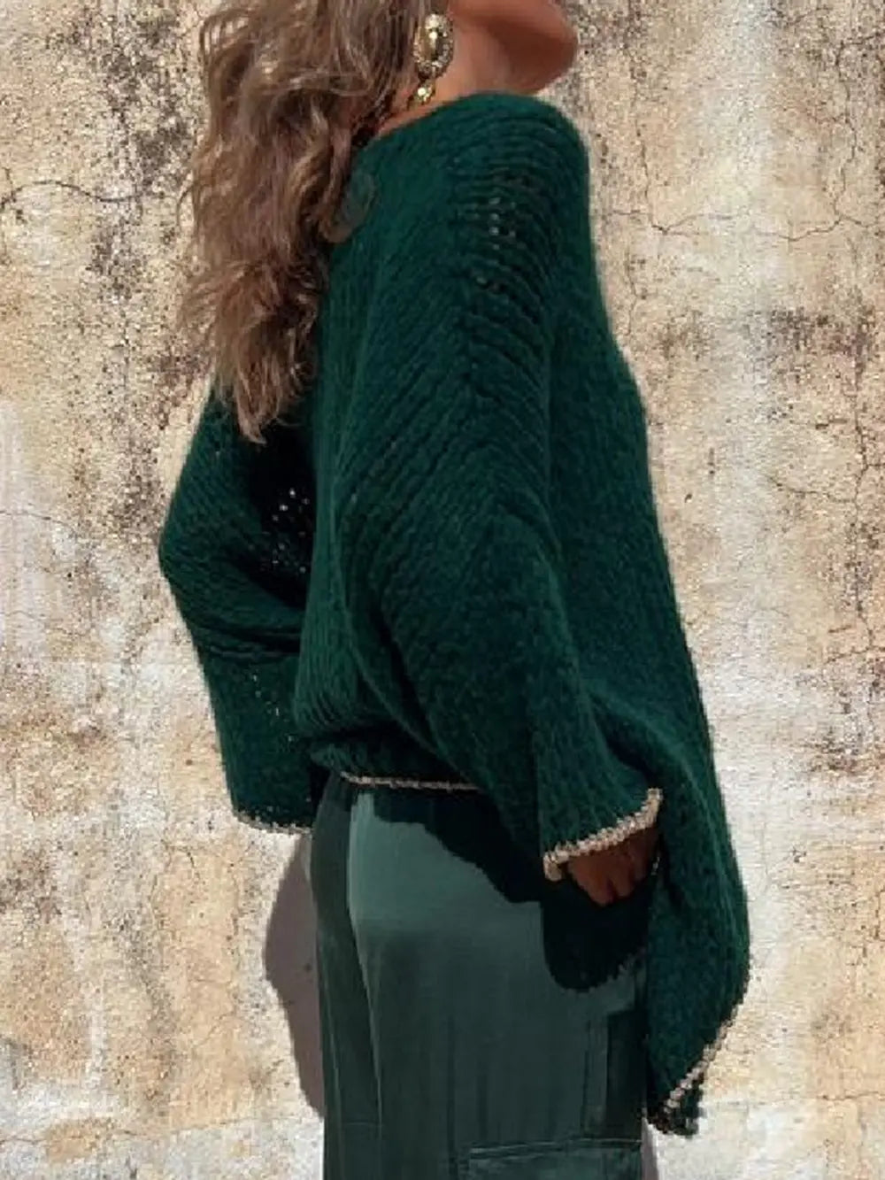 Contrast V-Neck Long Sleeve Sweater - Fashorio