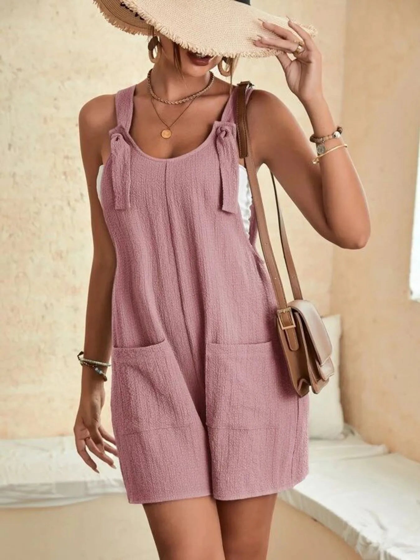 Full Size Knot Strap Romper with Pockets Plus Size - Fashorio