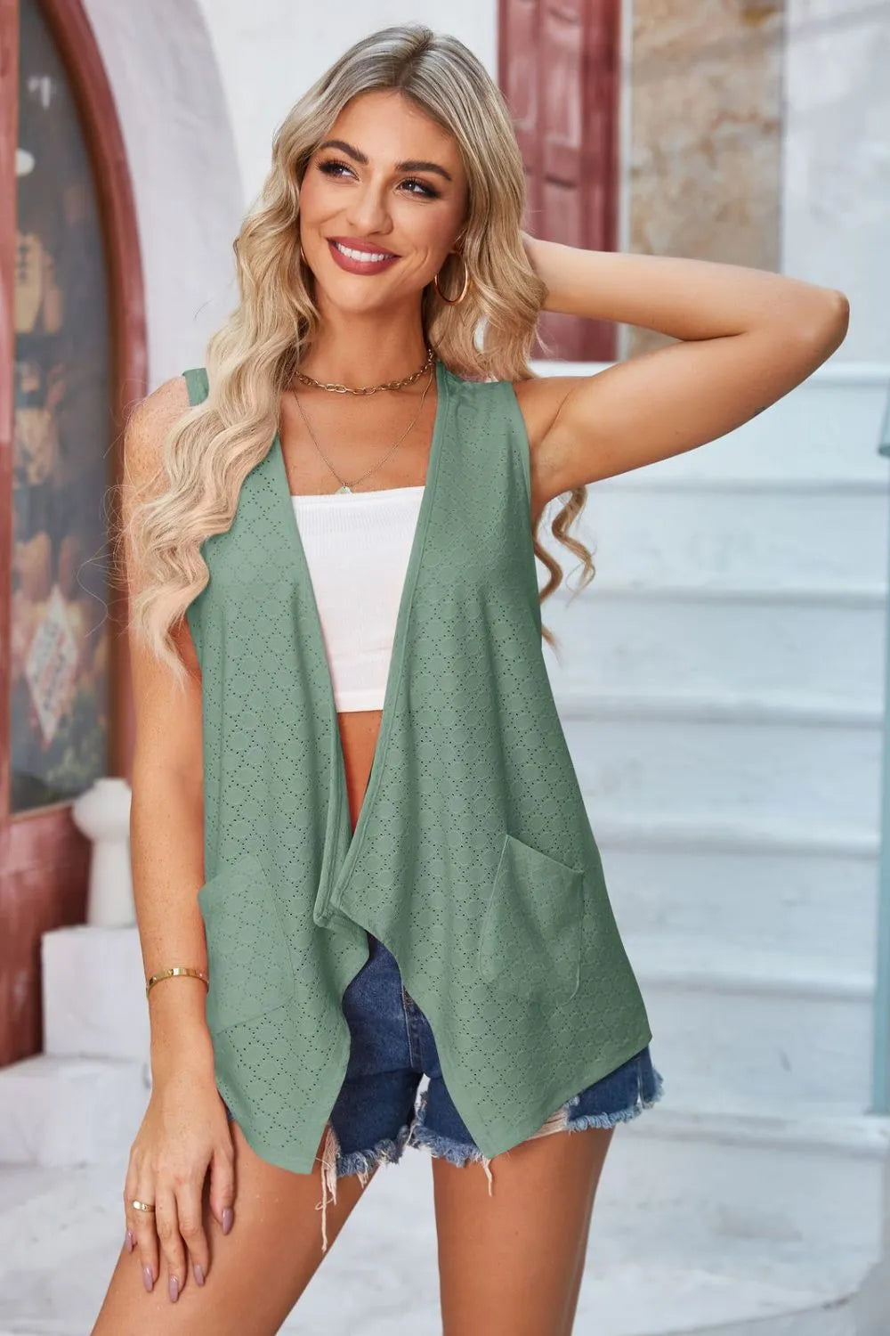 Eyelet Open Front Sleeveless Cardigan - Fashorio