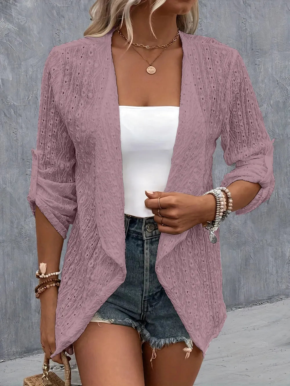 Eyelet Roll-Tab Sleeve Cardigan Lilac - Fashorio