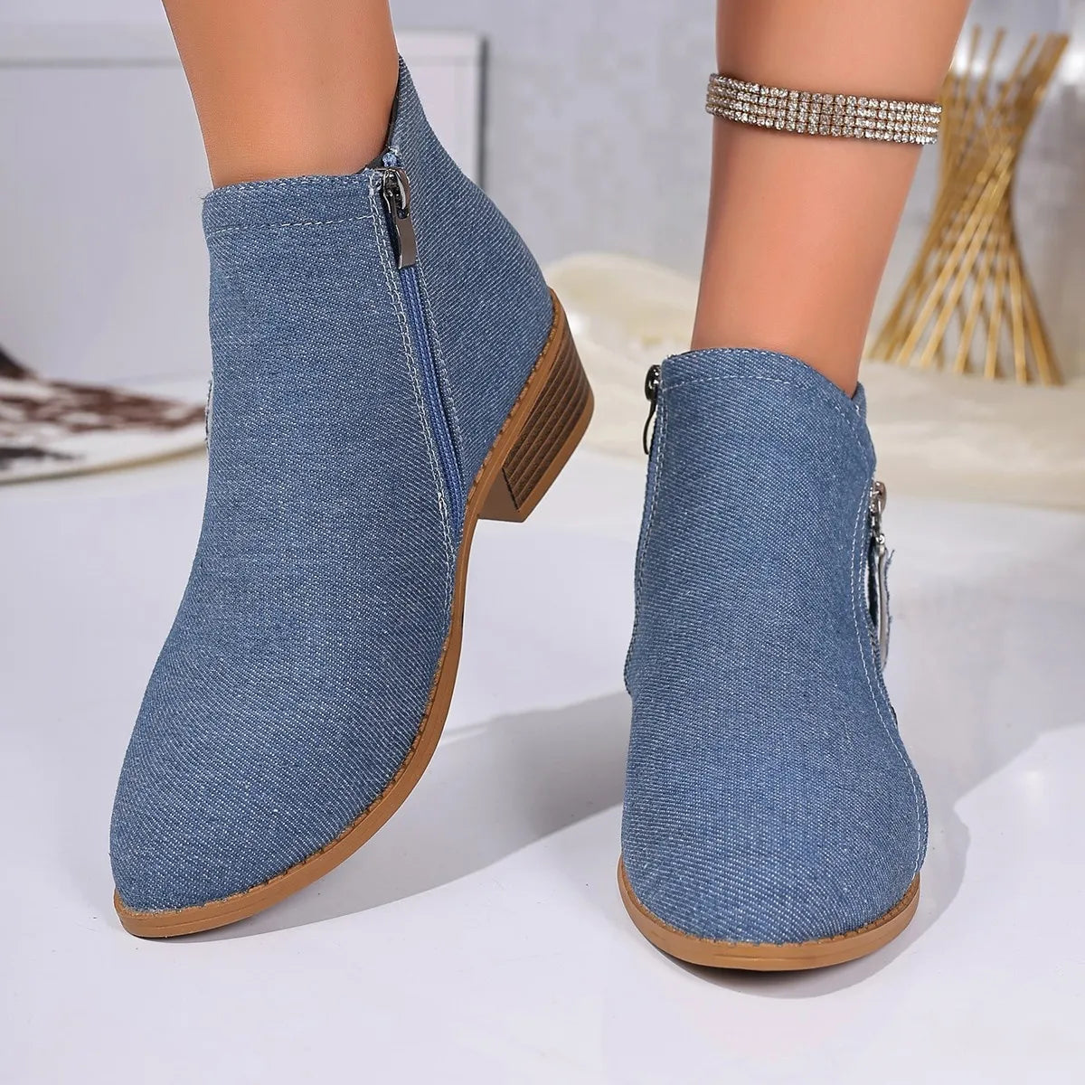 Point Toe Block Heels Boots Blue - Fashorio