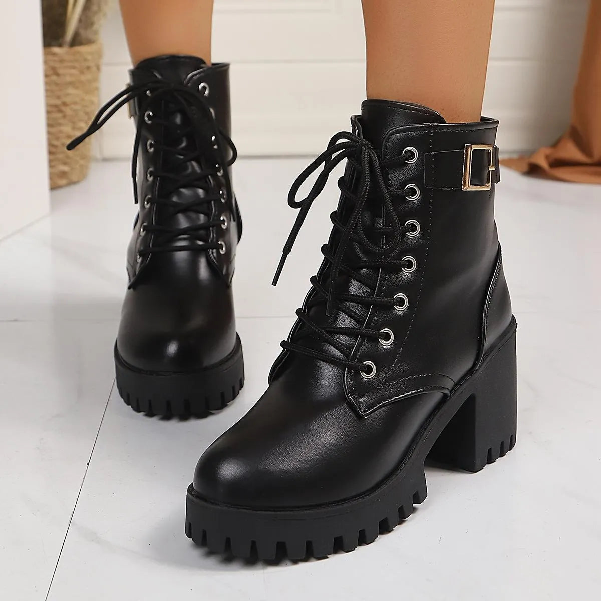 Combat Lace Up Boots with Buckle Straps - Fashorio