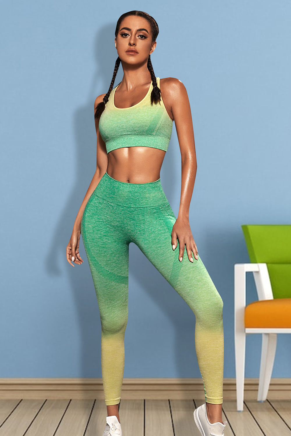 Gradient Sports Tank and Leggings Set Mid Green - Fashorio
