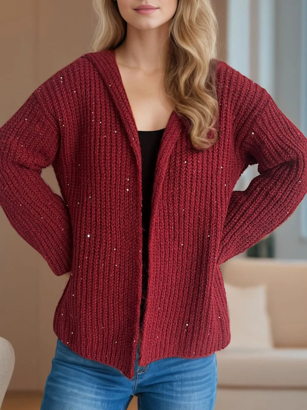 Sequin Detail Long Sleeve Hooded Cardigan - Fashorio
