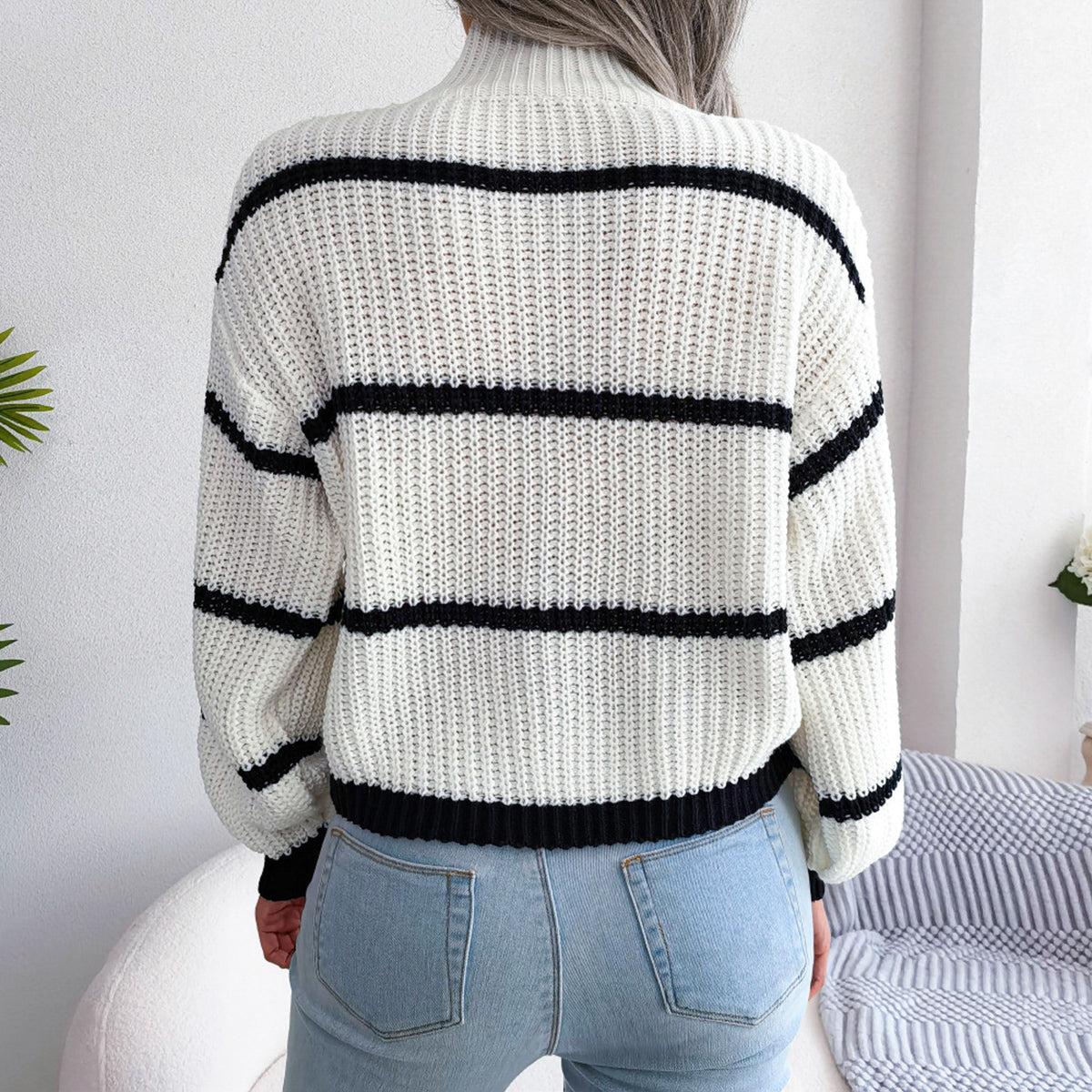 Striped Mock Neck Dropped Shoulder Sweater - Fashorio
