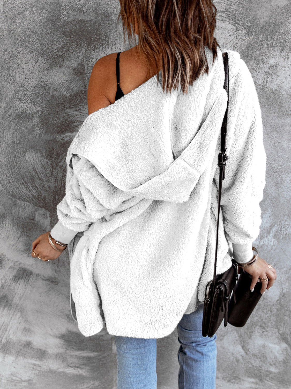 Open Front Hooded Faux Fur Outwear with Pockets - Fashorio
