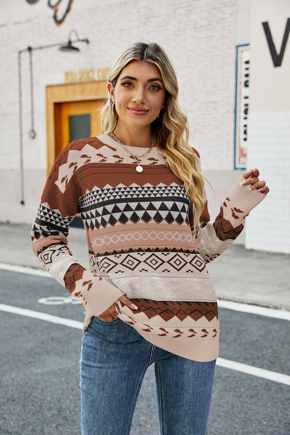 Round Neck Drop Shoulder Sweater - Fashorio