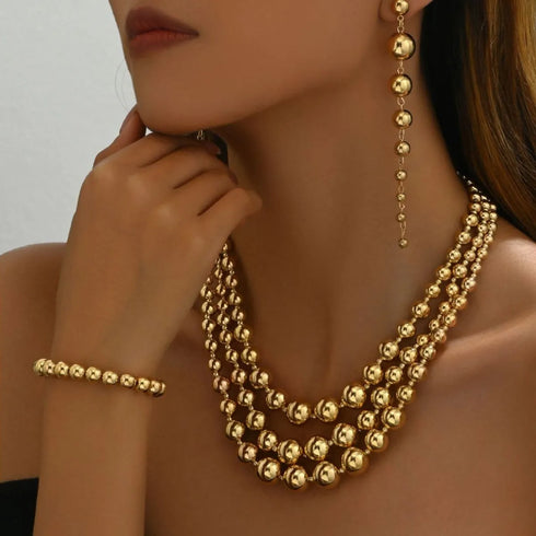 18K Stainless Steel Beaded Multi-Layered Necklace Bracelet Earrings Jewelry Set - Fashorio