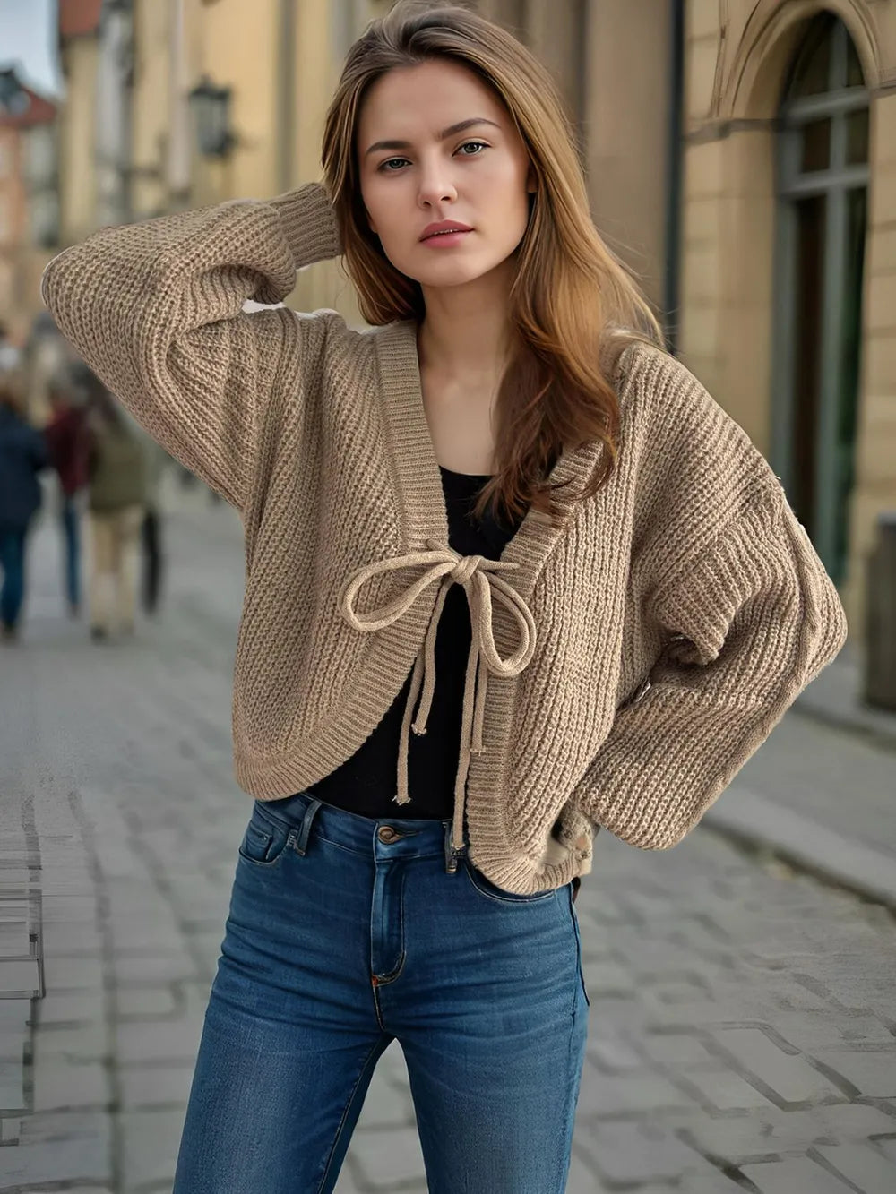 Tied Dropped Shoulder Long Sleeve Cardigan - Fashorio