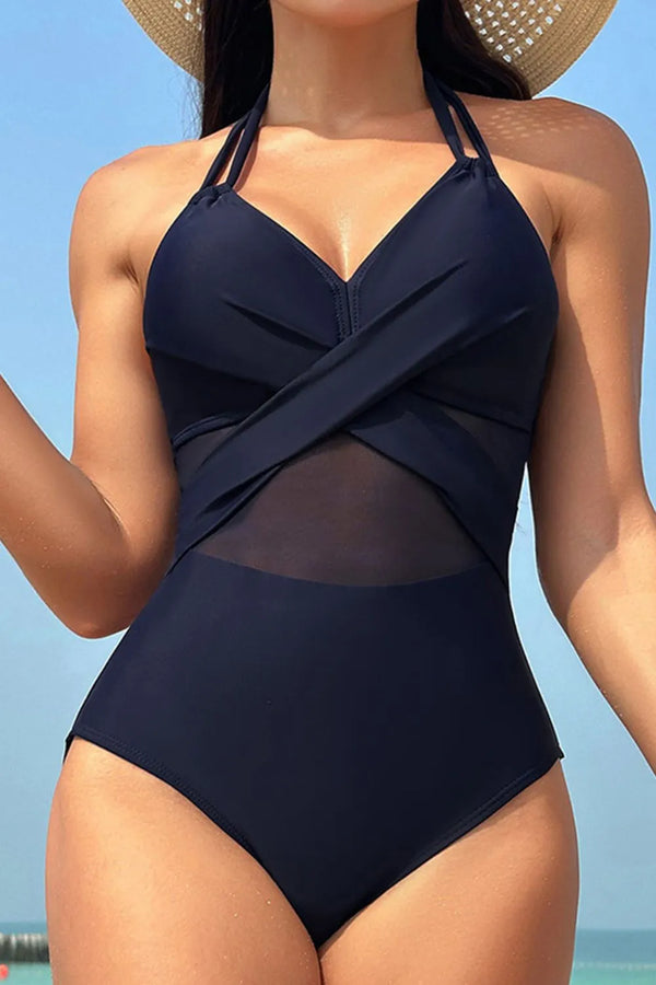 Crisscross Halter Neck One-Piece Swimwear Dark Blue - Fashorio