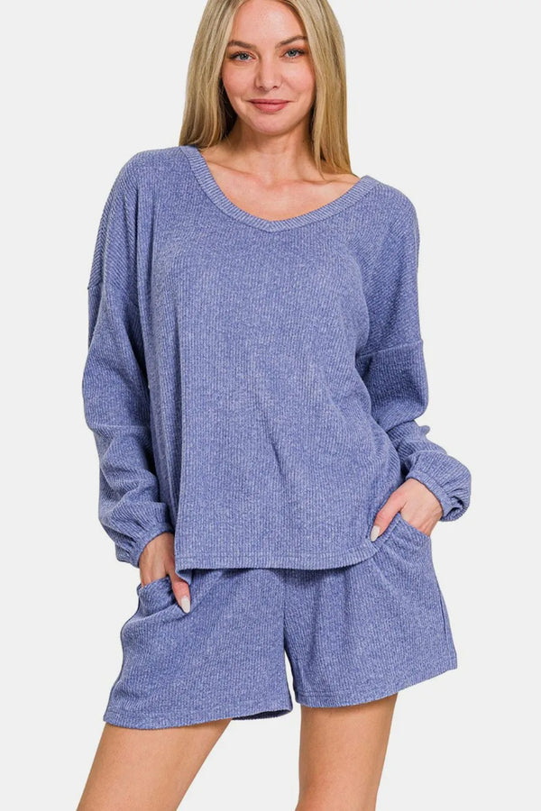 Zenana V-Neck Long Sleeve Ribbed Top and Shorts Set Blue Purple - Fashorio