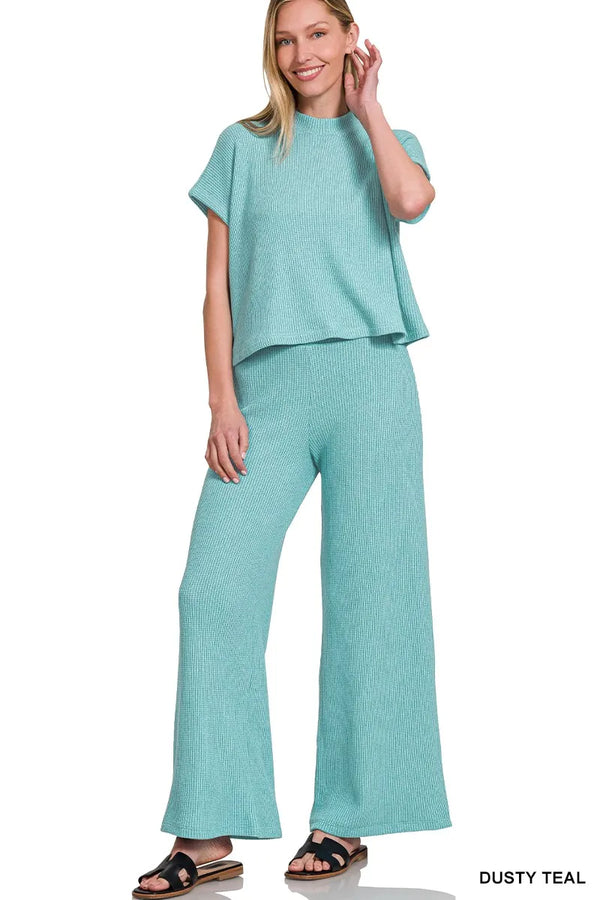 Zenana Sweater Boxy Top & Long Pants Set DUSTY TEAL - Fashorio