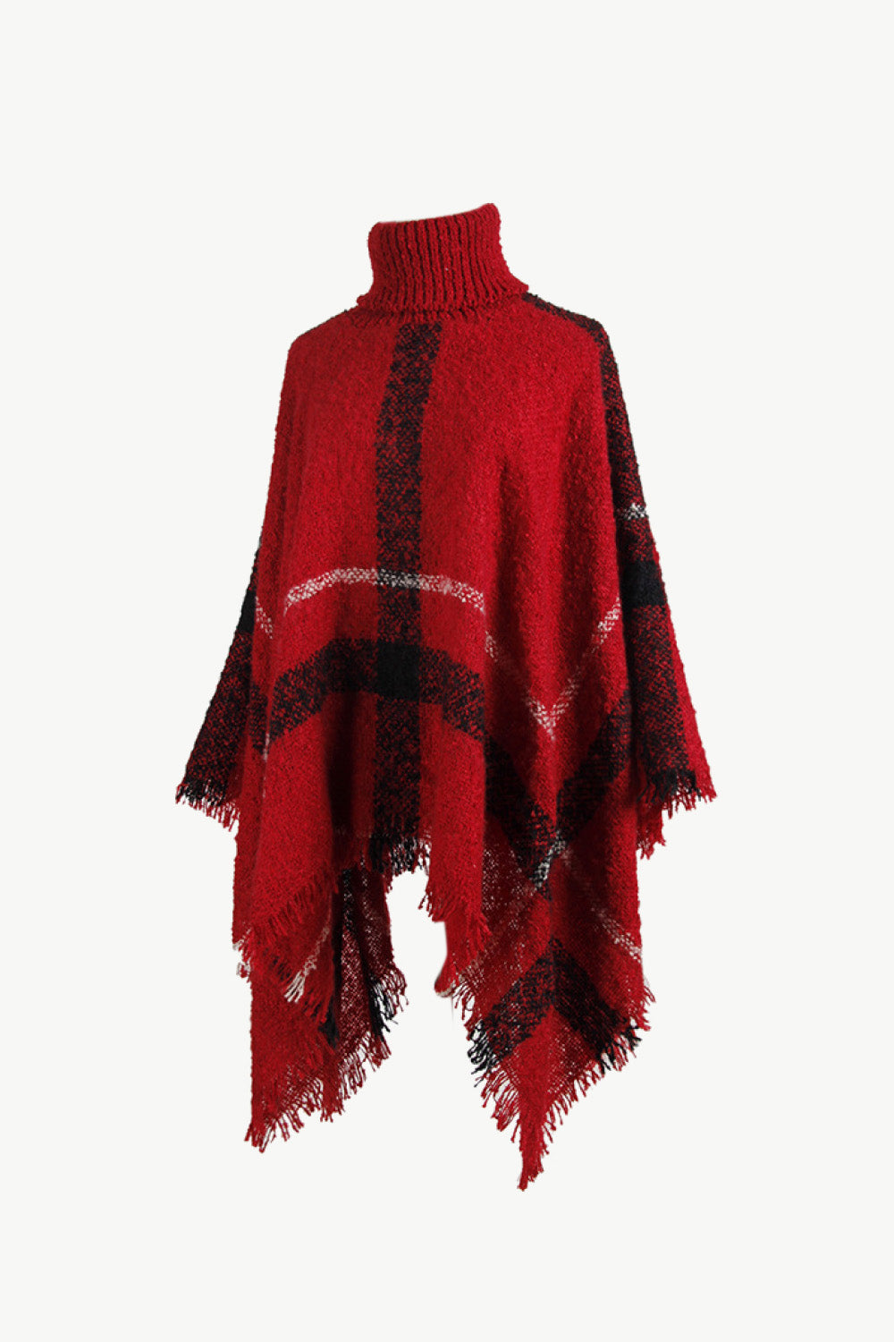 Plaid Turtleneck Raw Hem Poncho - Fashorio