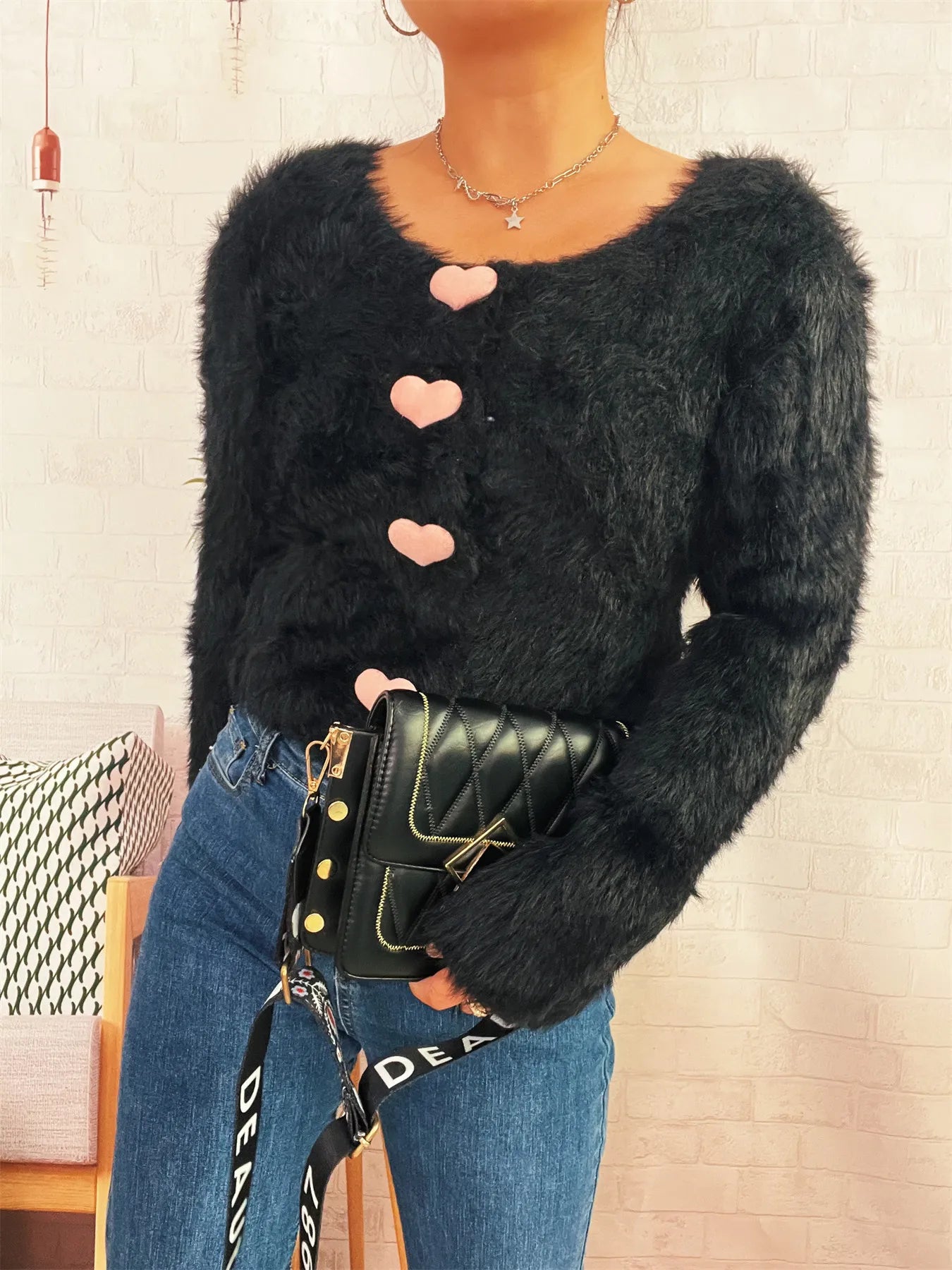 Fuzzy Heart Shape Button-Up Cardigan - Fashorio